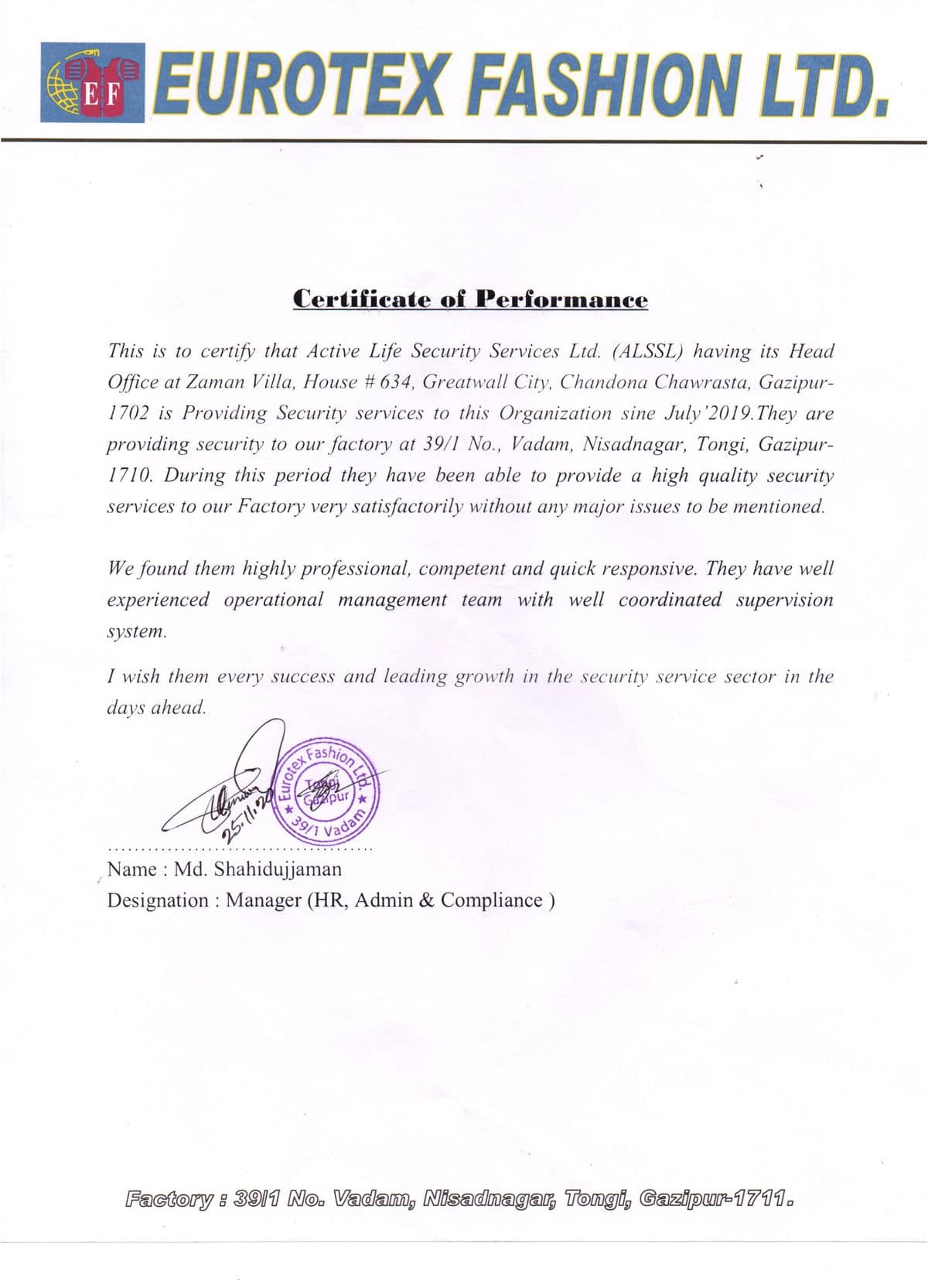 Security Refrence Letter Example Reference Letter - Active Life Security Services Ltd.